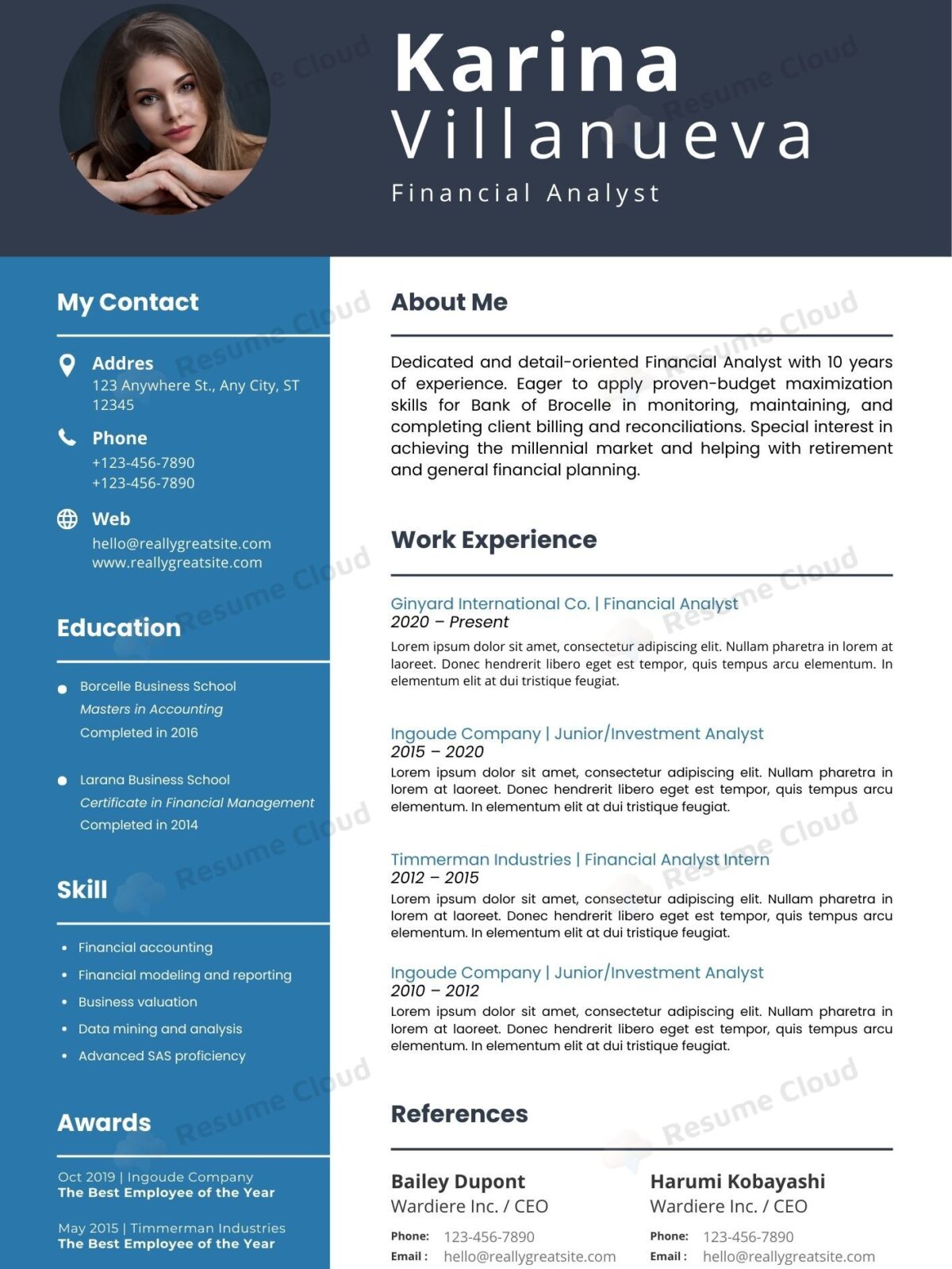 Blue Light Financial Analyst Simple Profile Resume Template
