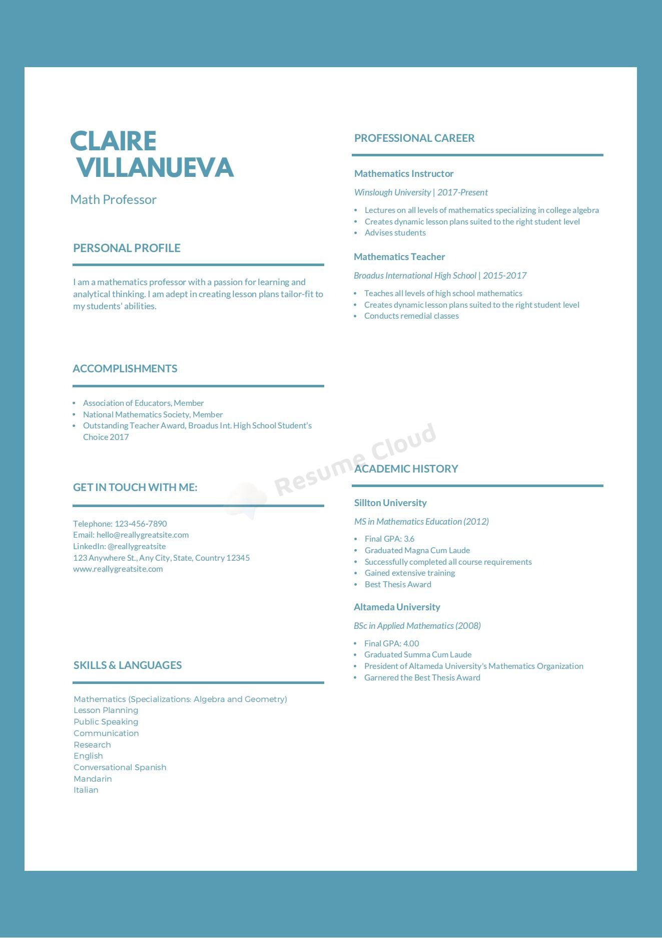 Cadetblue Simple Teacher Resume Template