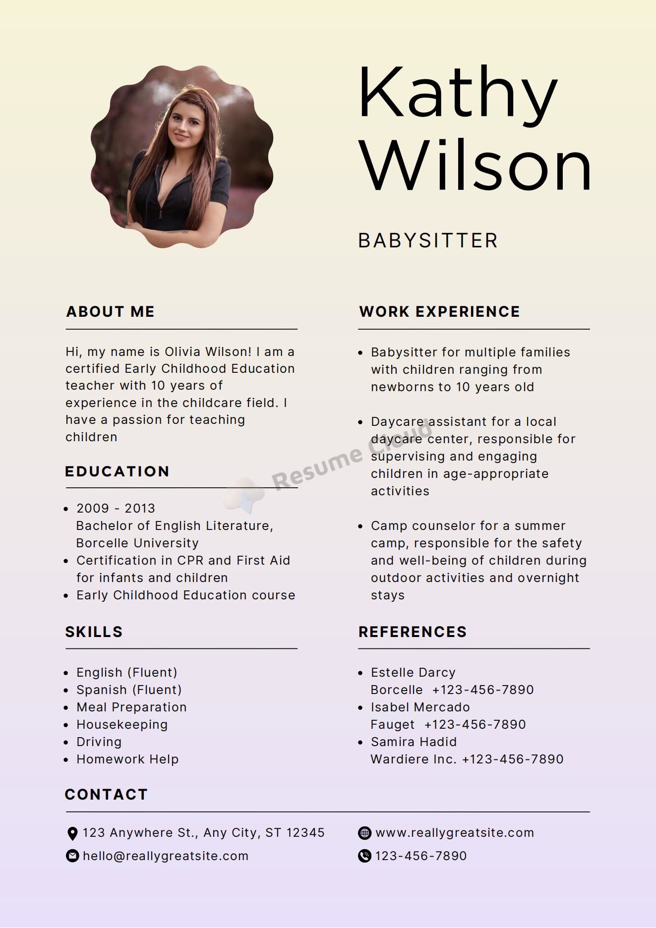 Minimalist Babysitter Resume Example/Template