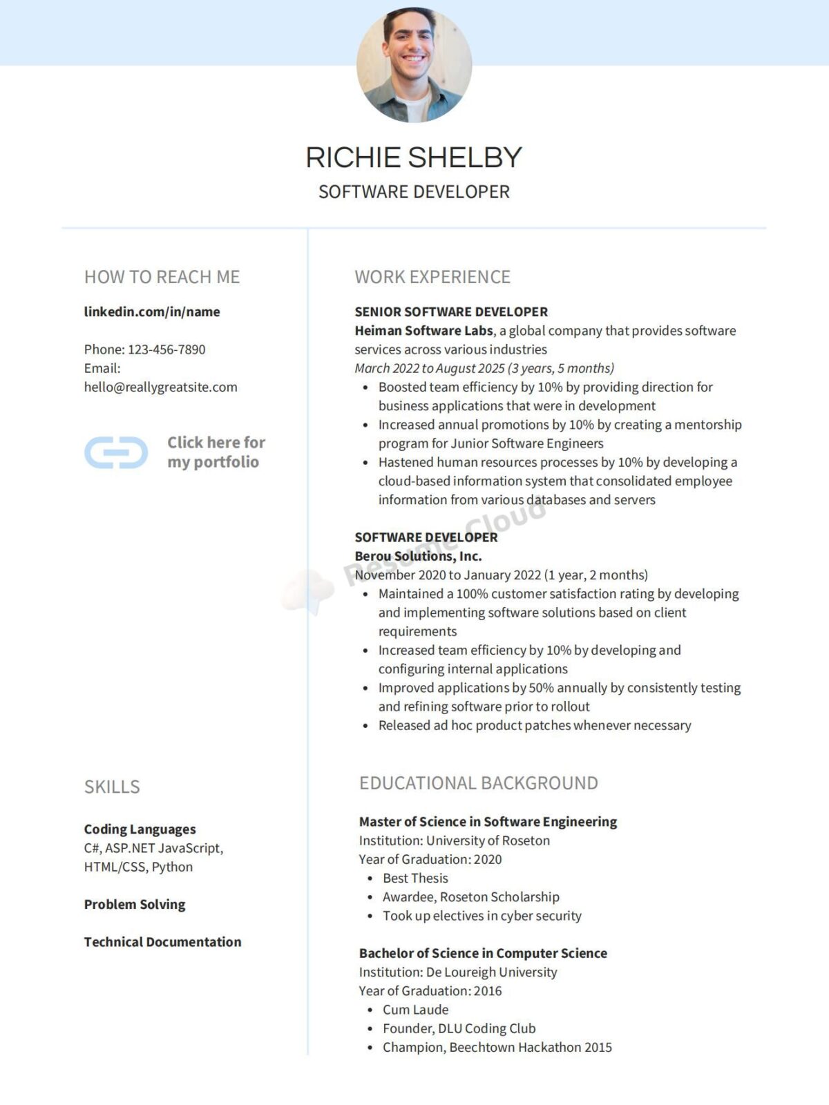 Software Engineer Resume CV Template Example