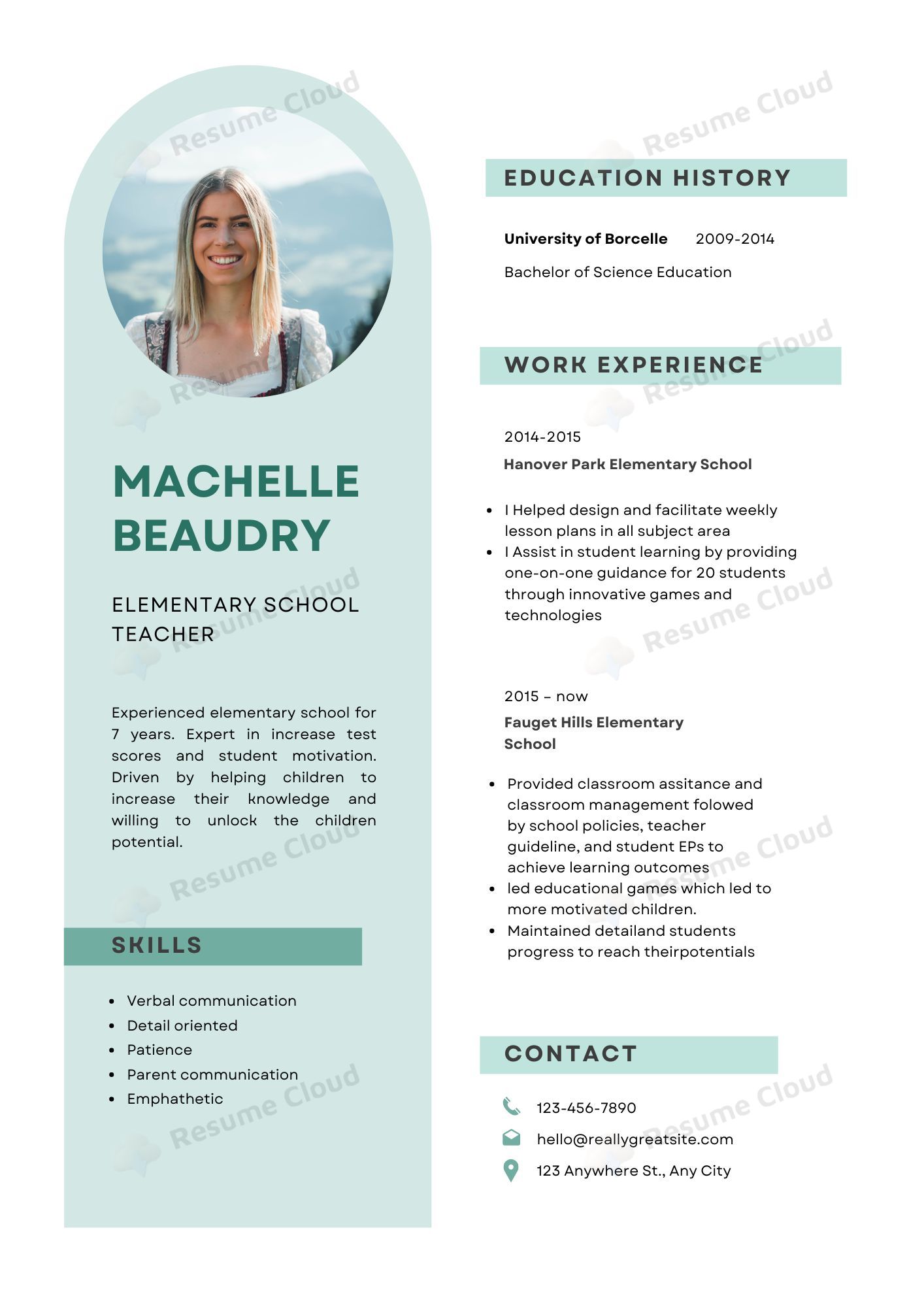 White Blue Modern Elementary School Teacher Resume Template