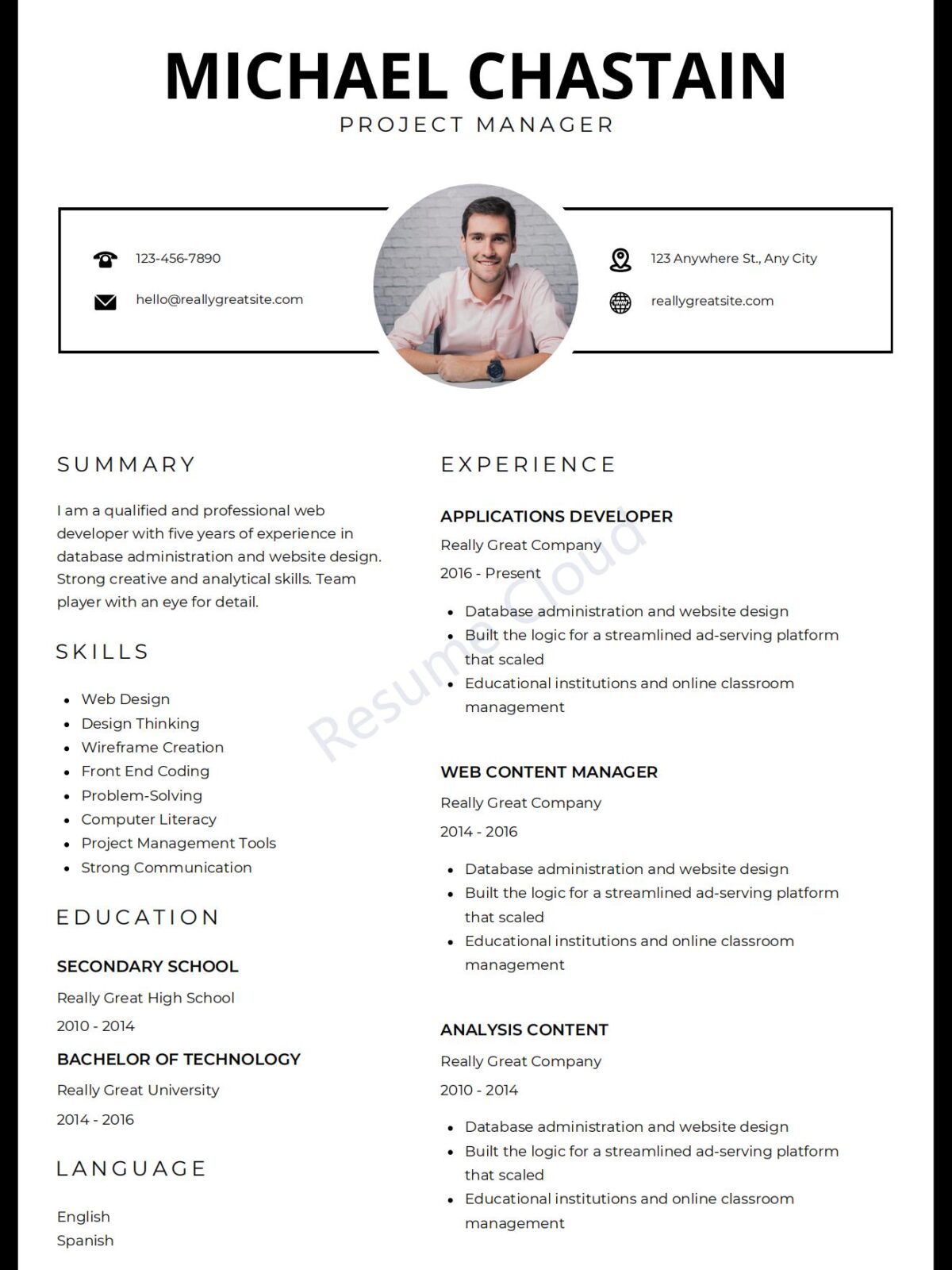 PROJECT MANAGER Minimalist Business CV Resume